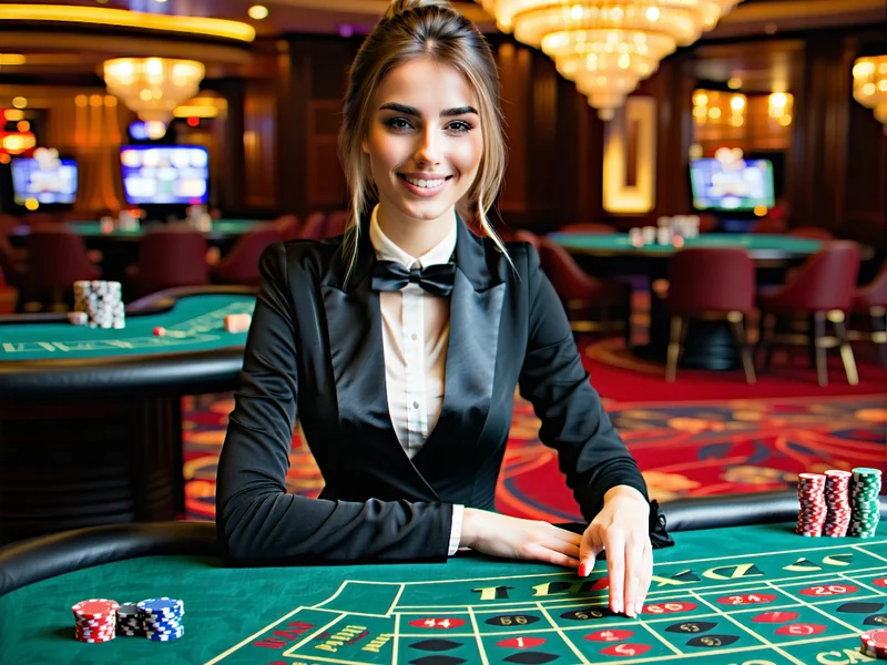 Hình ảnh người chia bài trực tiếp tại casino VSBET với bàn chơi và không khí sang trọng