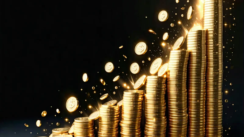 Biểu đồ tăng trưởng tài chính với các đồng tiền vàng và biểu tượng VSBET, tượng trưng cho hành trình triệu đô.